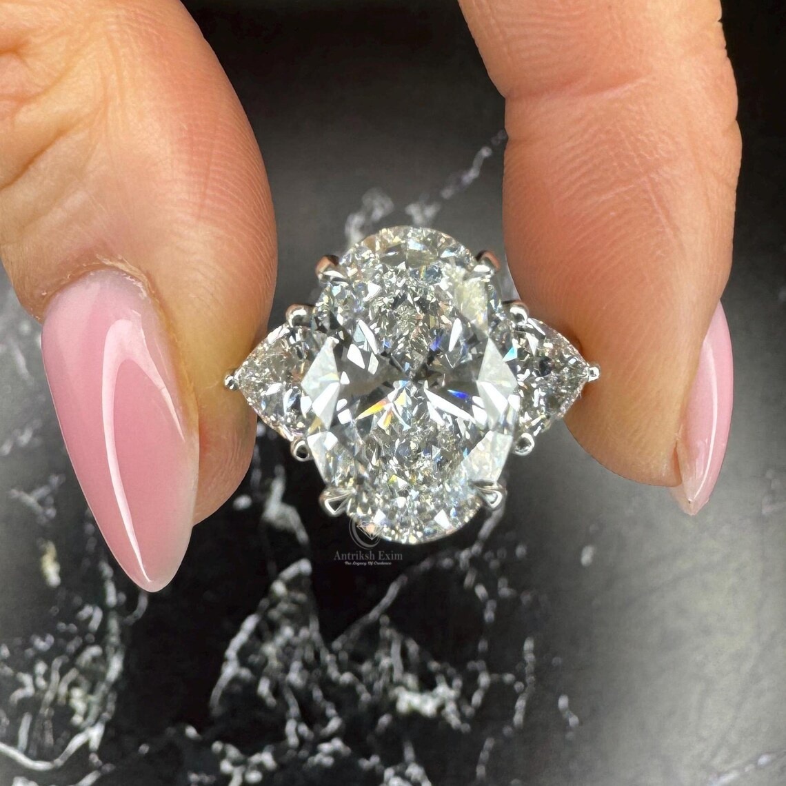 Oval Cut 7 carat IGI Certified F Color VS1 Clarity Lab Grown Diamond Three Stone Engagement Ring, Side Trillion Cut Diamonds, Solid Gold