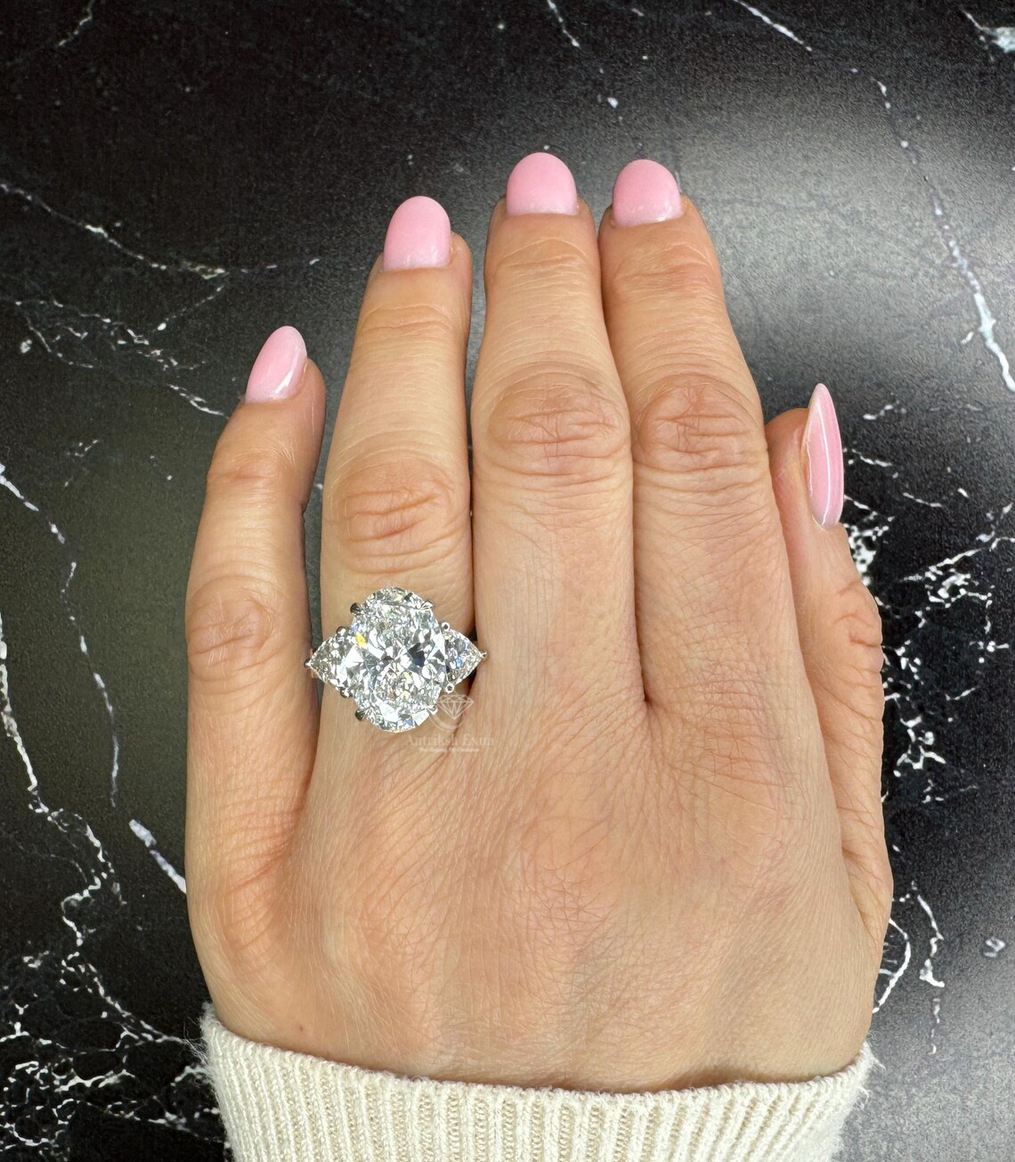 Oval Cut 10 carat IGI Certified F Color VS1 Clarity Lab Grown Diamond Three Stone Engagement Ring, Side Trillion Cut Diamonds, Solid Gold