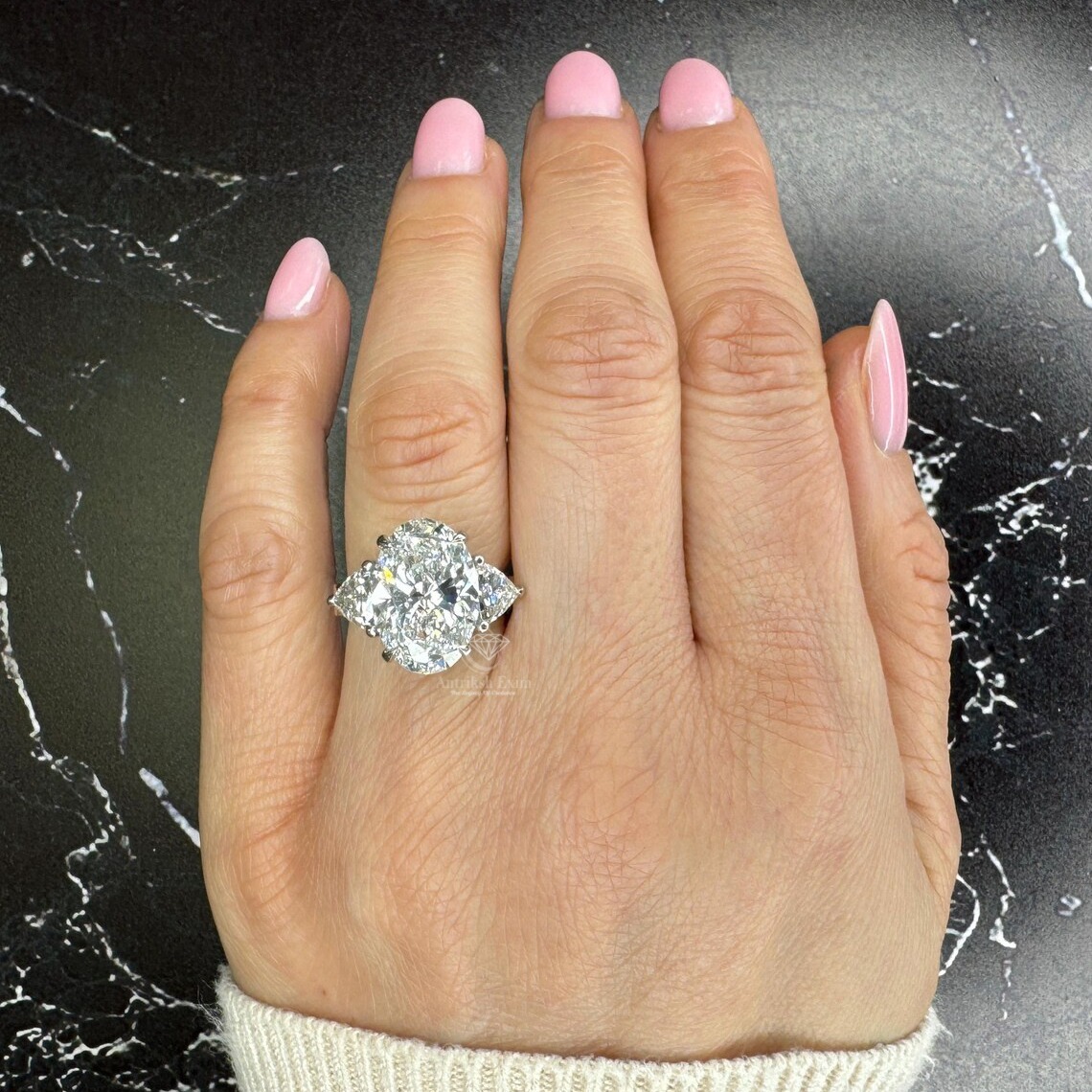 Oval Cut 7 carat IGI Certified F Color VS1 Clarity Lab Grown Diamond Three Stone Engagement Ring, Side Trillion Cut Diamonds, Solid Gold