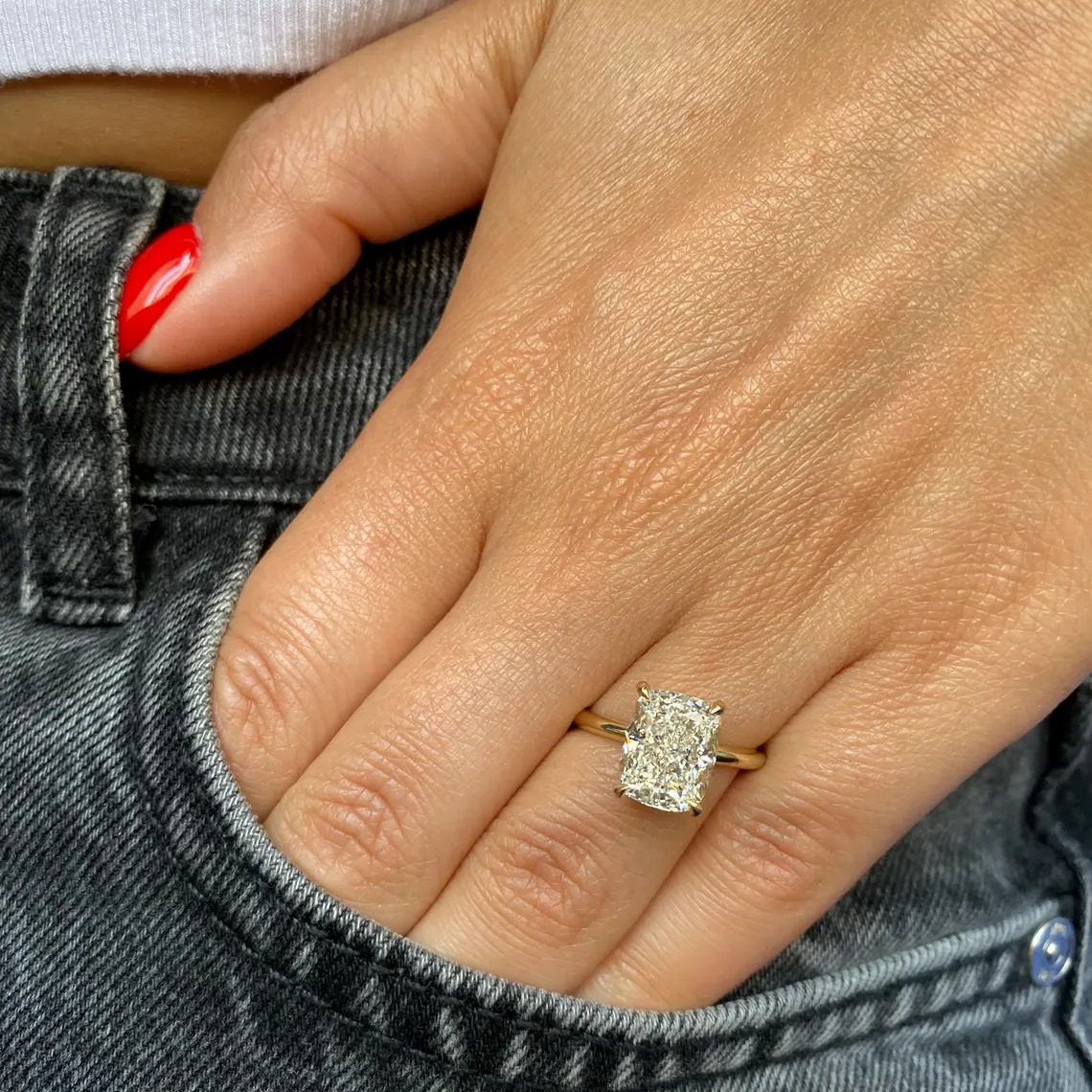 4 Carat Elongated Cushion Lab Grown Diamond Solitaire Ring  IGI Certified E-VVS2 Cushion Cut Lab Diamond  14k Yellow Gold Engagement Ring