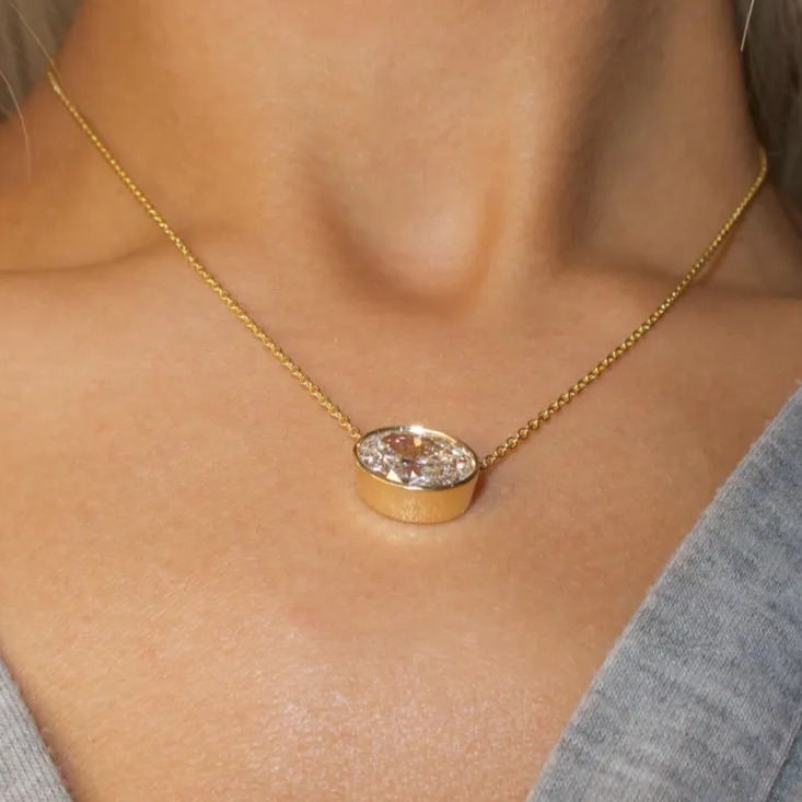 4.00 Ct Lab Grown Bezel Solitaire Necklace  Oval Cut Diamond Bezel Necklace  Diamond Solitaire Necklace  14k Gold Pendant  Gift For Her